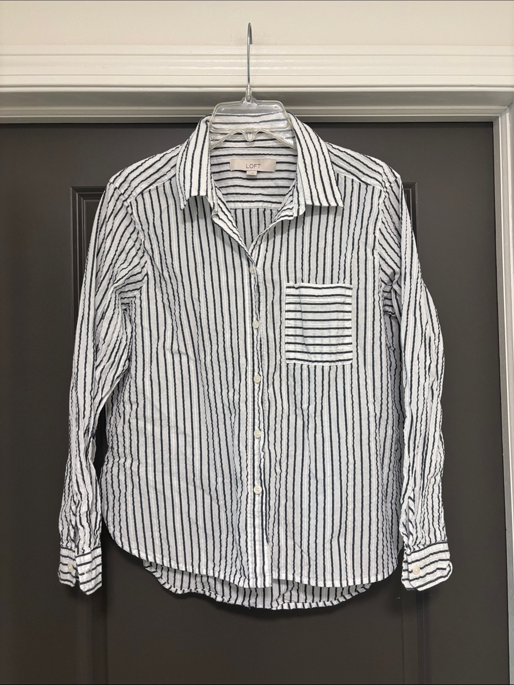 LOFT black white striped gauzey shirt M